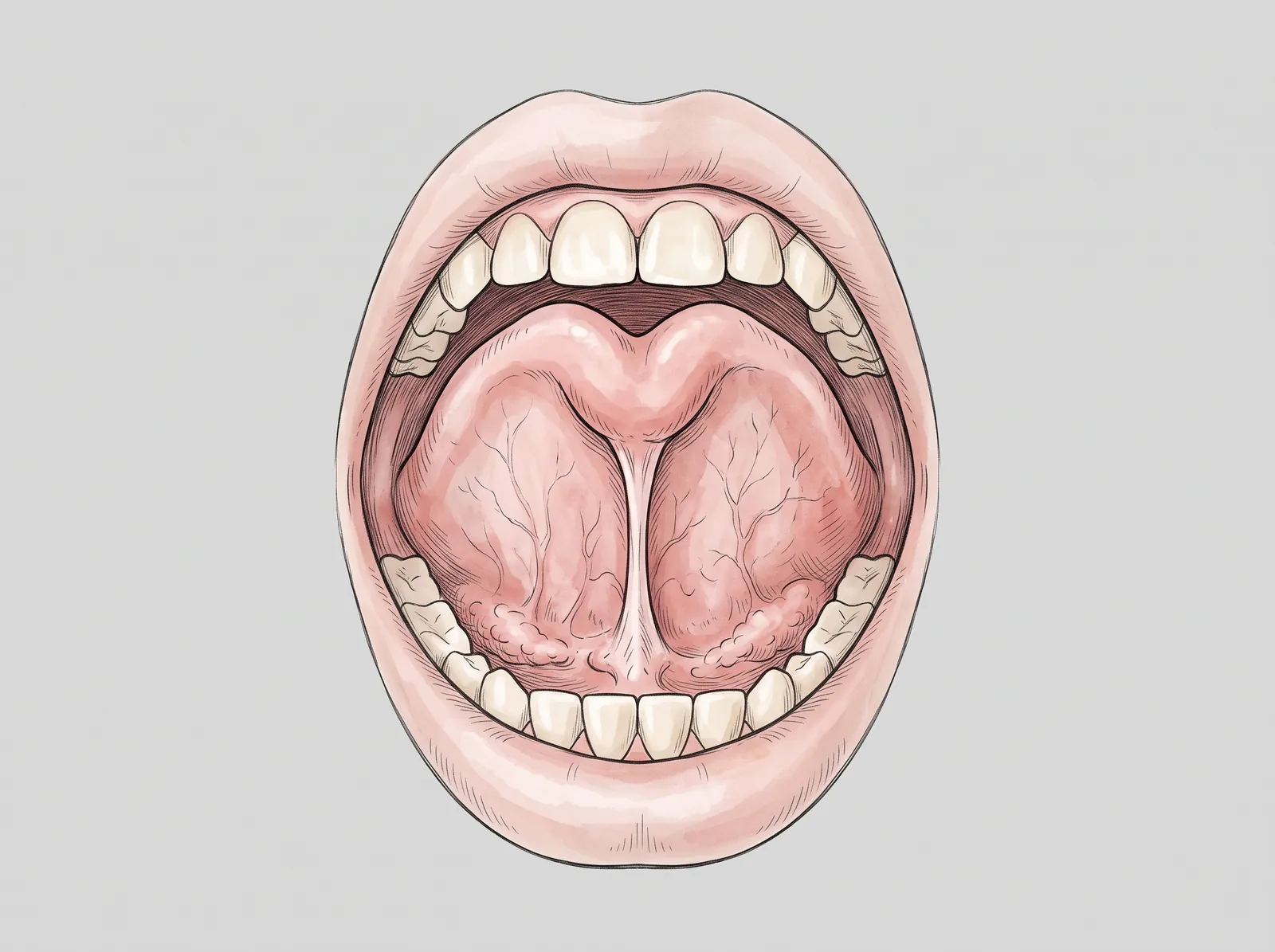 Ilustración de la boca abierta con la lengua elevada y el frenillo lingual — Un frenillo que ancla la lengua