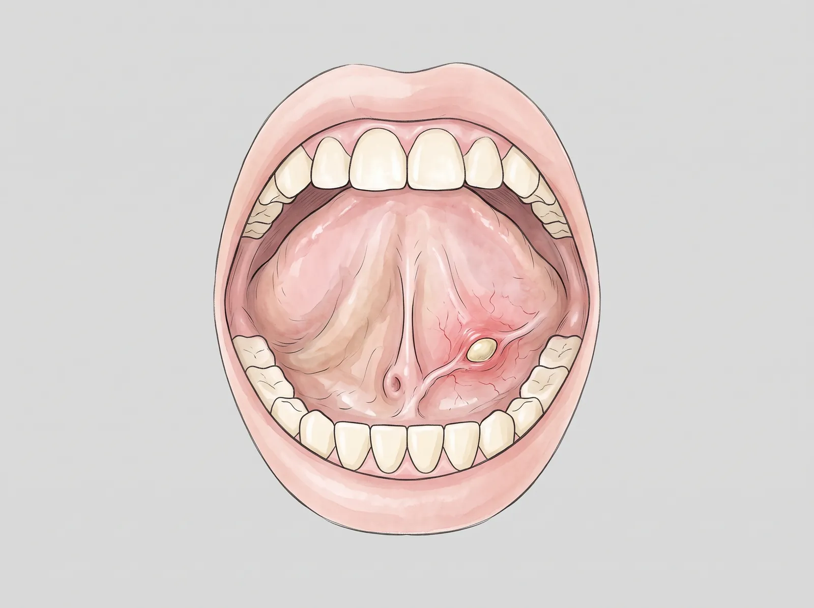 Ilustración de la boca abierta con un cálculo salival bajo la lengua — El cálculo tapa la salida