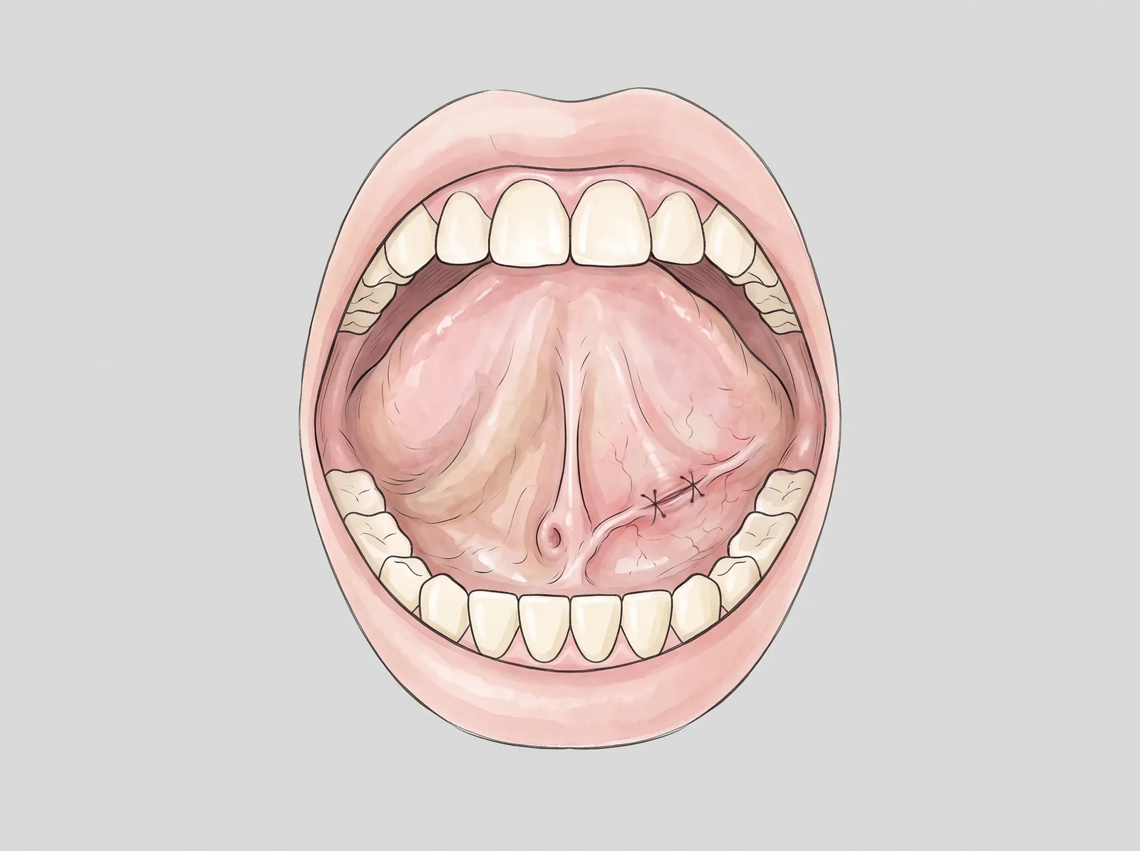 Ilustración de la boca abierta con un cálculo salival bajo la lengua — Se retira por dentro de la boca