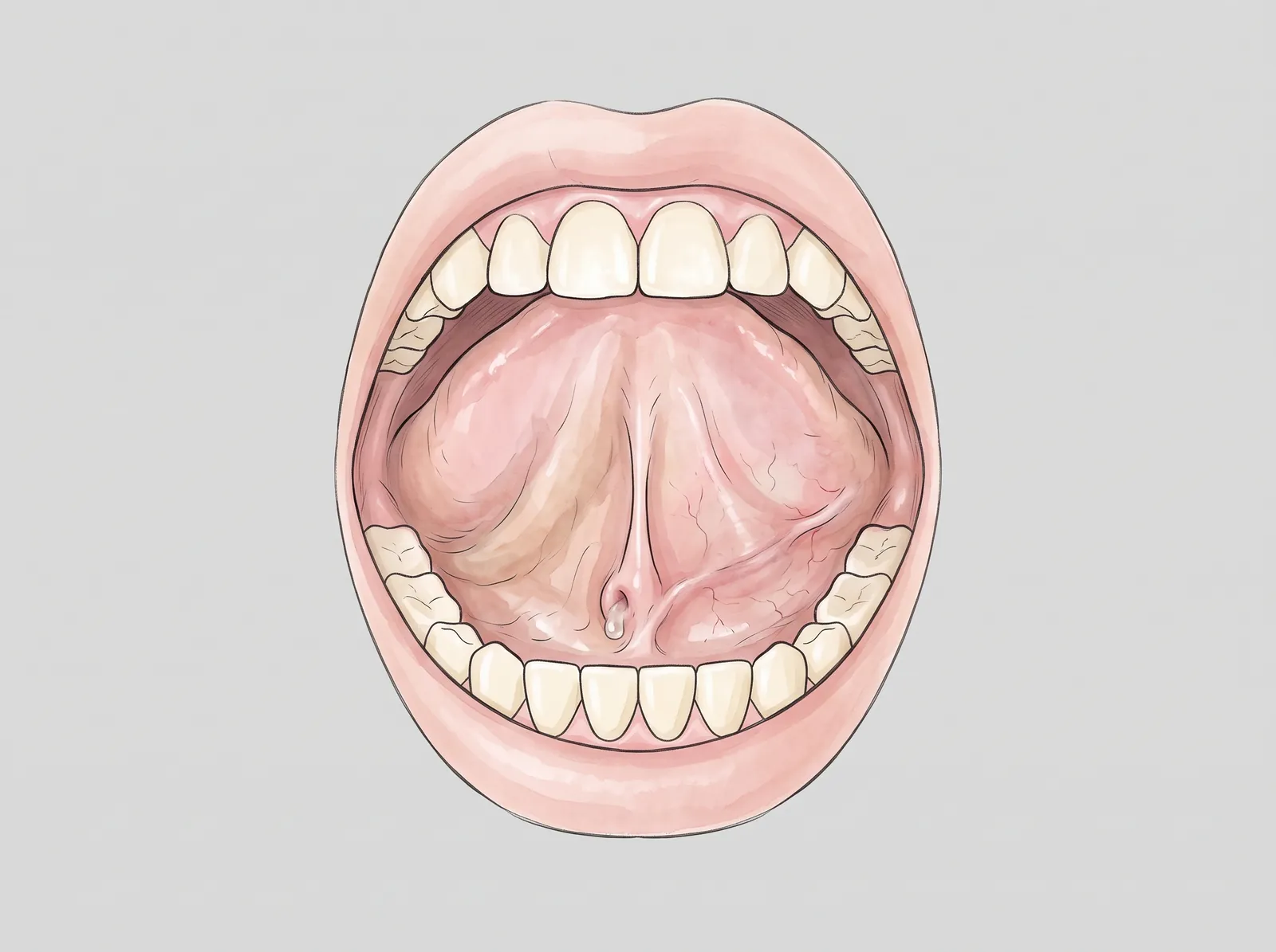 Ilustración de la boca abierta con un cálculo salival bajo la lengua — La saliva vuelve a salir