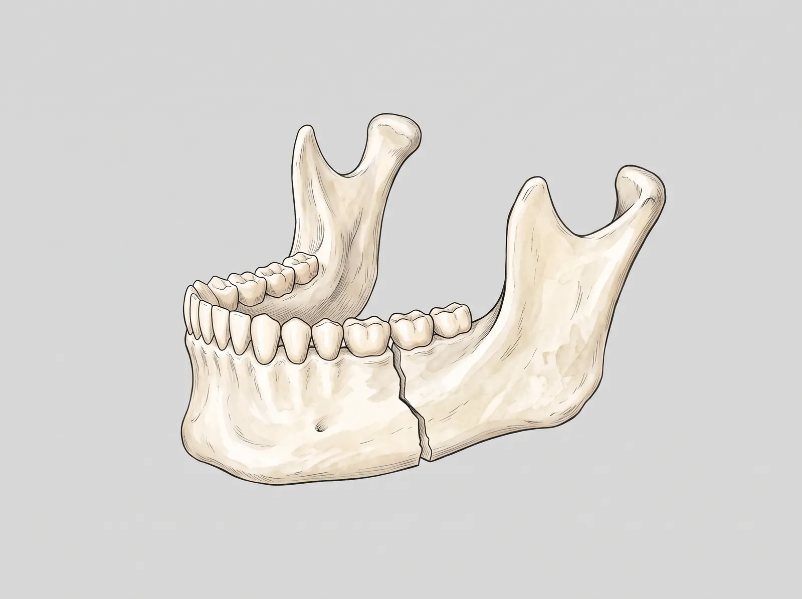 Illustration of a fractured lower jaw fixed with titanium miniplates — The fracture