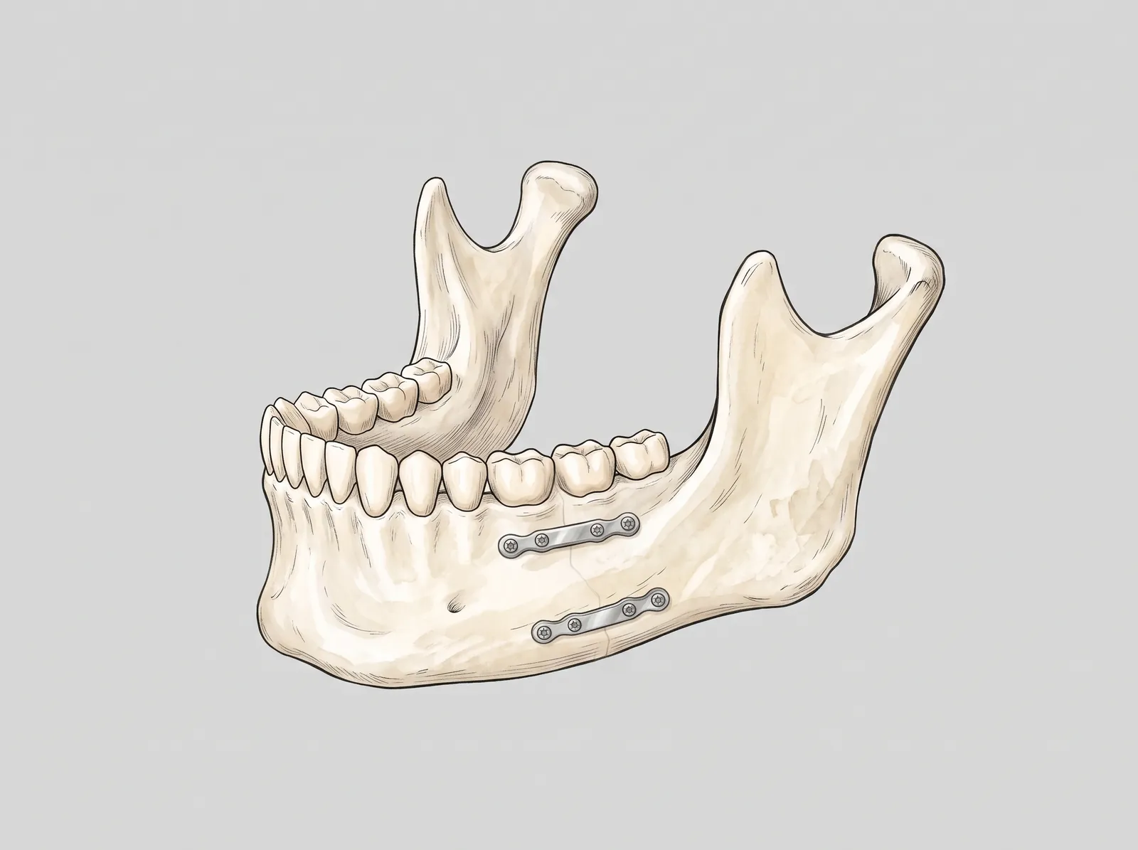 Illustration of a fractured lower jaw fixed with titanium miniplates — About six weeks later